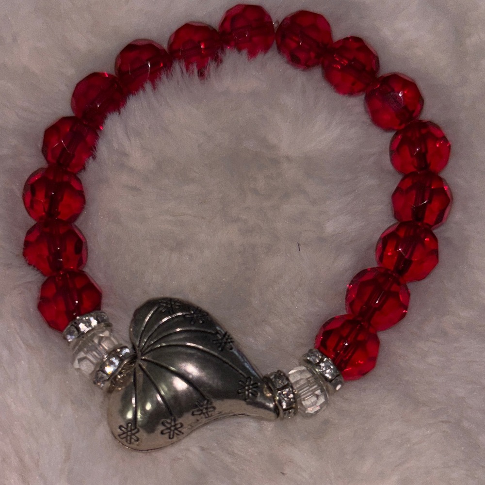 Red Beaded Bracelet with Silver Heart Accent